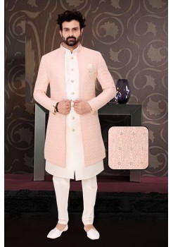 Off White & Light Pink Dhupian Silk  Indo Western Sherwani